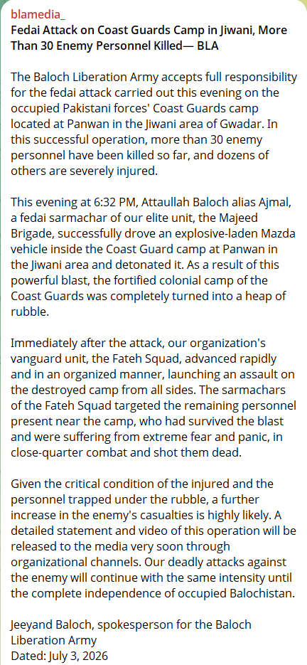 Bahotblch's tweet photo. Latest 
The Baloch Liberation Army (BLA) takes responsibility of 'Fidayee Attack' at Pakistan coast guards camp in Panwan area of Jiwani, Gwadar #Balochistan https://t.co/gkSMrKUZFC