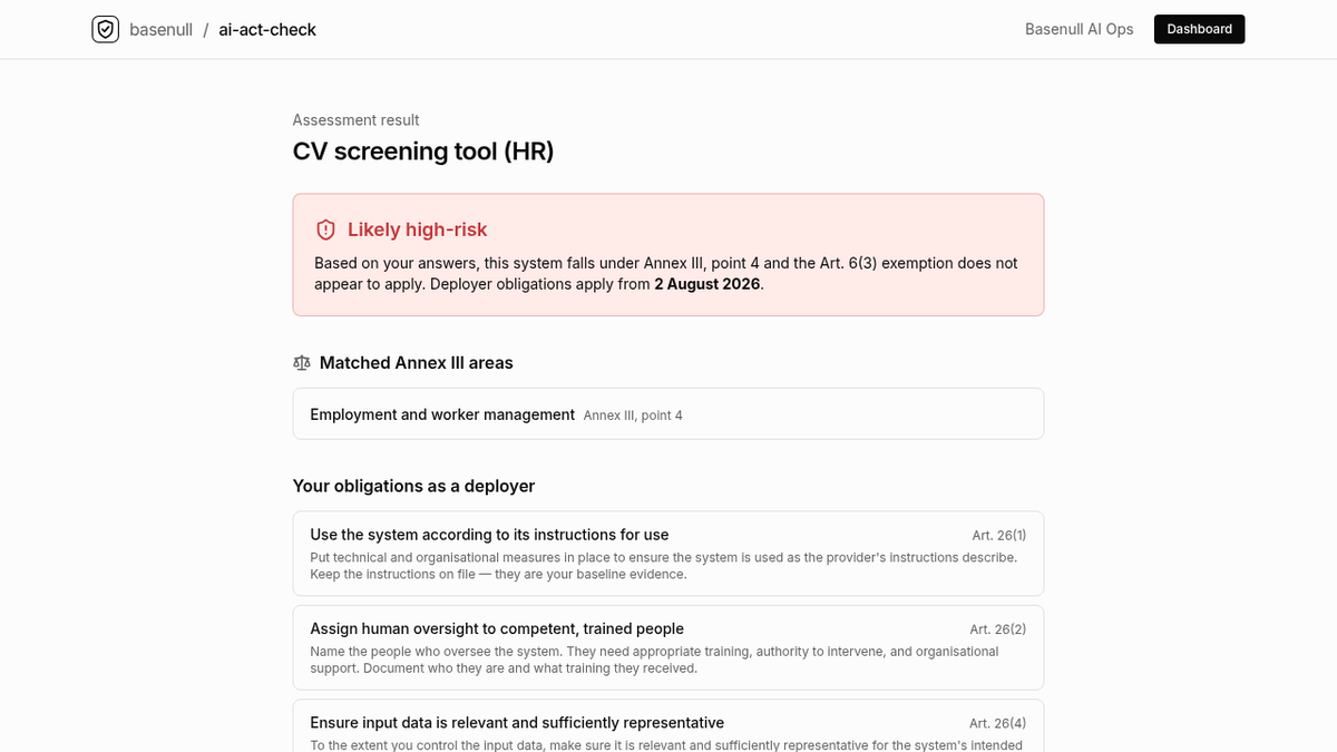 basenull's tweet photo. ai-act-check — Free EU AI Act self-assessment for deployers: classify your AI systems and track the evidence auditors will ask for.

https://t.co/RvVgBkxpz8 https://t.co/gL1sPIWzlp