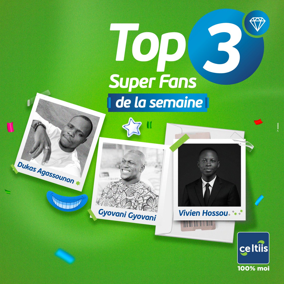 celtiisbj's tweet photo. Un immense merci à nos Super Fans de cette semaine ! 💙

 Dukas Agassounon,  Gyovani Gyovani et Vivien Hossou, vos réactions, vos commentaires et votre fidélité nous donnent encore plus d’énergie !

Continuez comme ça… nous sommes fiers de vous compter dans la grande famille Celtiis !

#Celtiis100PourCentMoi #MeilleursSuperFansFacebook #1erOperateurGlobal