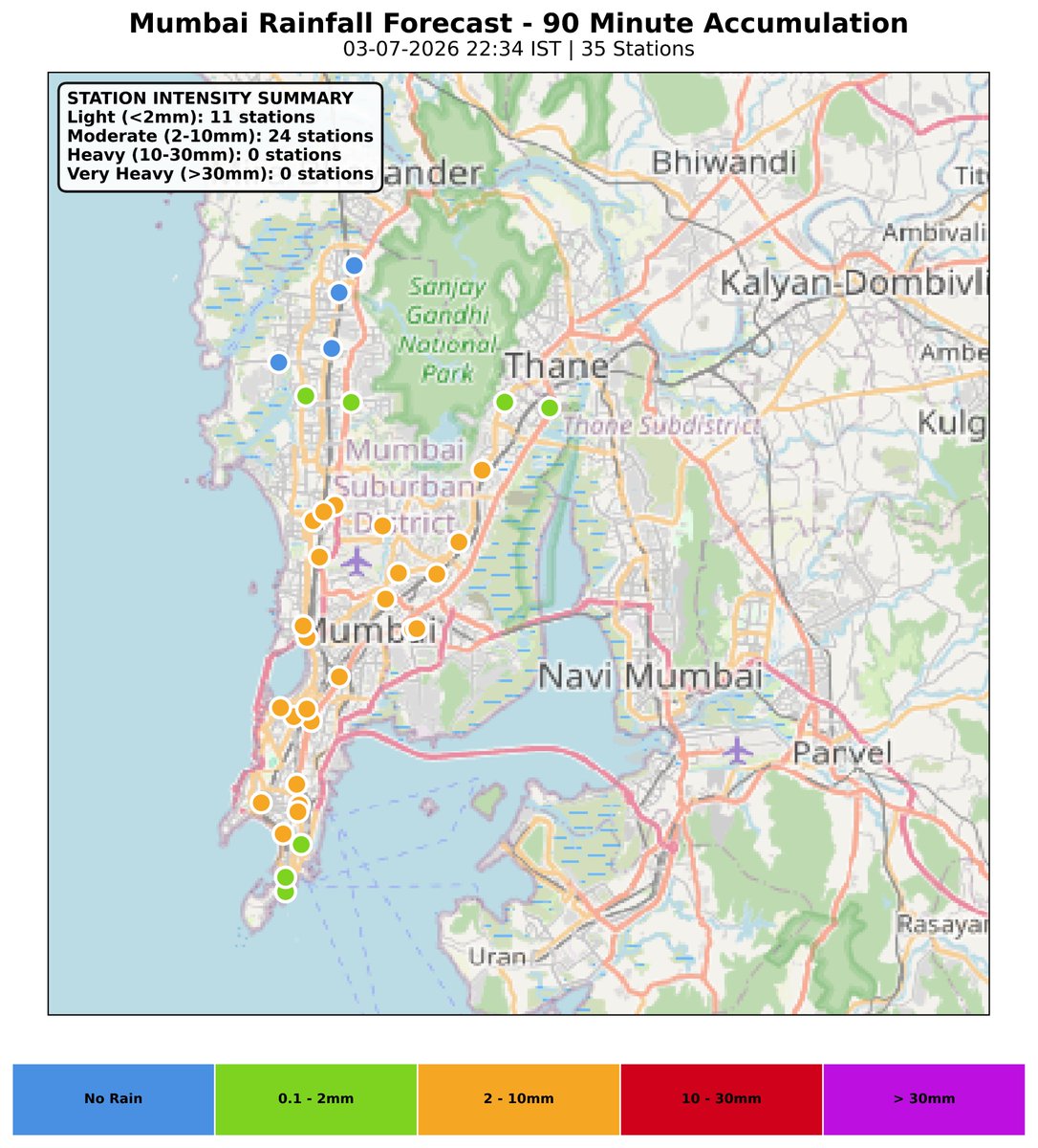 ClimateIITB's tweet photo. "How much rain is expected at different locations in Mumbai over the next 90 mins?"

1st time ever; Check out the 90-min hyperlocal📡*Radar rainfall Nowcasts: https://t.co/r4etO7QolB

*@IMDWeather RMC Radars regularly update every 7.5 minutes.

#MumbaiRains #MumbaiNowcasts https://t.co/NwL0SbV0YY