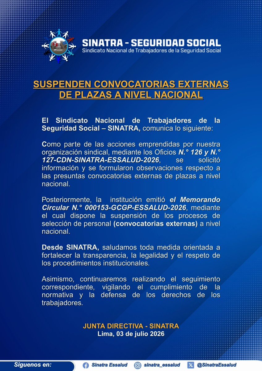 SinatraEssalud's tweet photo. 🚨 El Sindicato Nacional de Trabajadores de la Seguridad Social – SINATRA, informa lo siguiente:

@EsSaludPeru #trabajadores #sinatra https://t.co/0y5iDyXNwT