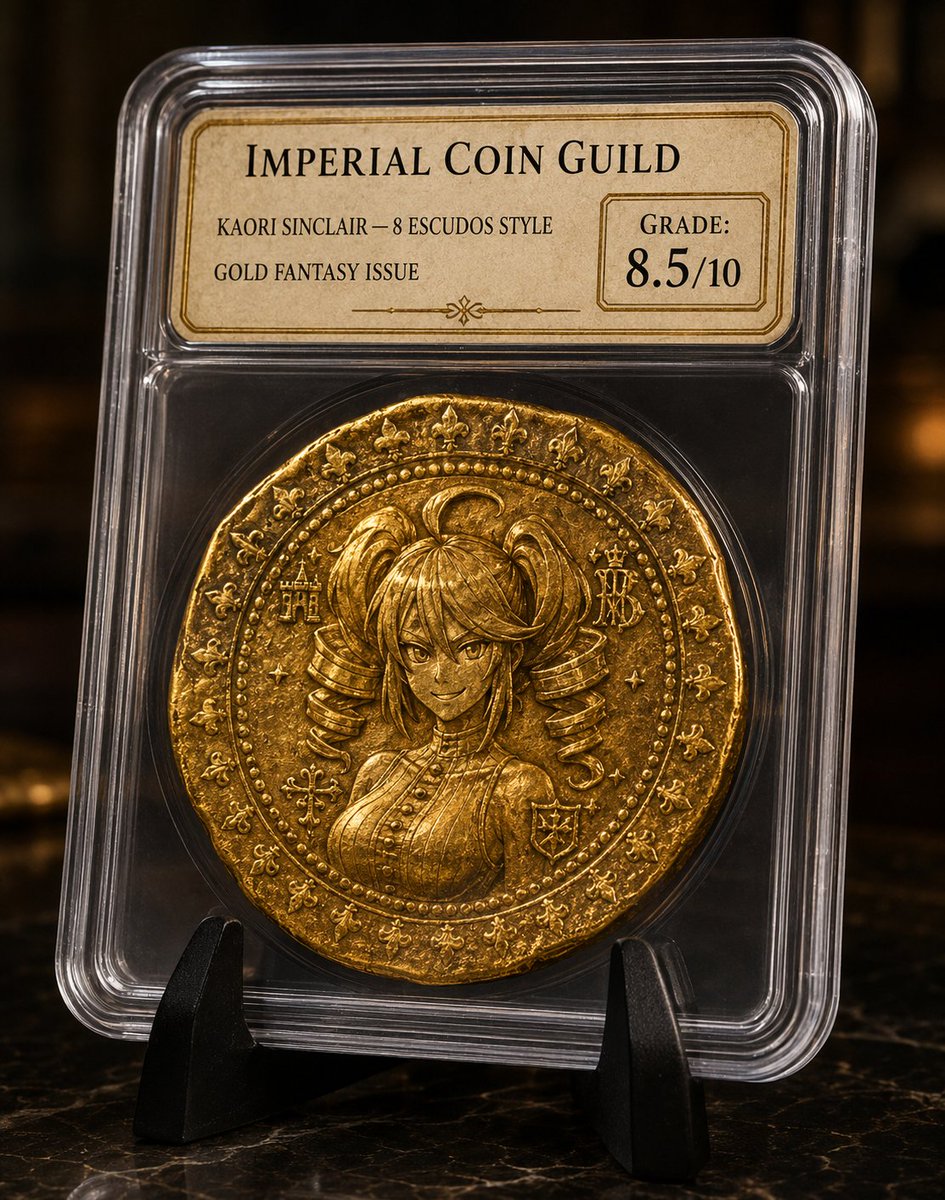 TrenchyIdol's tweet photo. ~~~Prompt start~~~
Create a high-quality, ultra-photorealistic product photograph of a hand-struck 17th-century Spanish-style gold doubloon featuring a character portrait struck into the center, professionally encapsulated in a clear grading slab and displayed upright on a small elegant black stand as if offered for sale in a high-end coin shop or collector’s showcase.
CORE SUBJECT
A large hand-struck 17th-century Spanish gold doubloon, approximately 8 escudos size, imperfectly minted as if hammered by hand in the 1600s. The coin has an irregular, slightly organic oval shape with mild asymmetry, crude thickened edges, visible hammer marks, and a slightly off-center strike.
The gold is rich warm yellow with authentic antique patina: bright metallic highlights on raised surfaces, deeper golden-brown tones in aged areas, and darkened recesses where grime and oxidation have settled. The surface shows hammered-metal texture, micro-scratches, worn softened relief, tiny dents, uneven pressure marks, and natural variations in relief depth.
COIN DESIGN
The coin has a thick raised rim, an inner ring of small evenly spaced raised dots, and an ornate repeating border of small pointed leaf-like, flame-shaped, floral, or heraldic decorative motifs following the irregular edge.
In the exact center of the coin, replacing the original cross or crest, is a highly detailed embossed portrait of the referenced character in classical 1600s coin-portrait style. The portrait is struck into the gold as true sculptural relief, not printed, painted, or pasted on. The face has strong high relief, believable facial structure, clear planes of the cheeks, nose, lips, eyes, brow, and hair, with the same depth and craftsmanship as the border details.
The portrait should preserve the character’s recognizable face, expression, silhouette, hairstyle, distinctive features, and core identity, but translated into antique gold coin relief. Any fantasy, animal, supernatural, royal, military, gothic, angelic, demonic, or symbolic traits from the reference should be simplified into raised engraved coin details so they feel historically integrated rather than modern or cartoon-like.
The four quadrants around the central portrait retain small raised ornate period symbols, monograms, heraldic marks, colonial-style decorative icons, tiny crowns, shields, stars, scrolls, flowers, or abstract emblems. These symbols should look old, worn, and partially imperfect.
REFERENCE CONTROL
Use the provided character reference image as the primary source for the character’s face and identity. Preserve the character’s facial features, proportions, expression, age appearance, and core identity with high fidelity.
Do not copy the reference sheet layout, body poses, text, labels, UI elements, outfit chart, color palette blocks, or background. Use the reference only to inform the portrait’s face, hair, expression, silhouette, and distinctive identity traits. Translate everything into a believable antique coin engraving and relief style.
GRADING SLAB PRESENTATION
The coin is professionally encapsulated in a premium clear rigid plastic grading slab, similar in format to a high-end collectible coin holder, but with no real-world grading company logo. The slab has a crystal-clear front and back, realistic plastic thickness, beveled transparent edges, subtle refraction, clean molded seams, and realistic soft reflections.
The slab is upright on a small elegant black display stand with a stable base, smooth matte or satin finish, and slight forward tilt. The stand should look like a quality coin-collector accessory, not cheap plastic.
HARD TEXT REQUIREMENT — GRADING LABEL
The grading slab must include a clearly readable printed label at the top of the slab.
The label is a cream parchment-colored rectangular insert with black serif text, subtle gold accent lines, and a premium archival grading-certificate look. The text must be sharp, straight, centered, and legible. The label must not be blank, decorative-only, blurry, hidden by glare, or replaced by fake unreadable symbols.
Use this readable label structure:
Top line, largest:
[FICTIONAL GRADING HOUSE NAME]
Second line:
[CHARACTER OR COIN NAME] — 8 ESCUDOS STYLE
Third line:
GOLD FANTASY ISSUE
Right-side grade box:
GRADE: [RATING]/10
The grade box should be clearly visible on the right side of the label, like a collectible grading score. The label text should be secondary to the coin, but still plainly readable in the final image.
Do not put readable modern text on the coin itself. The only modern readable text should be on the grading label. The coin may have worn symbolic marks, heraldic icons, and antique-style monograms, but not clean modern lettering.
COMPOSITION
Show the entire setup: the cased gold doubloon inside the grading slab, mounted upright on the black stand. Center the full display in the frame with modest breathing room around the edges.
Use a slightly angled three-quarter product-photography view that clearly reveals the coin’s relief through the plastic, the slab thickness, the label area, the transparent edges, and the stand. The image should feel like a premium auction-house or high-end coin-shop product photograph.
CAMERA AND PERSPECTIVE
Natural perspective, no extreme distortion. The slab is upright and slightly angled, with the coin fully visible through the transparent front. The portrait relief should be clear and recognizable. The text label should face the viewer enough to be readable.
Use shallow depth of field: the slabbed coin, label, and stand are tack-sharp; the immediate background is softly blurred.
LIGHTING AND COLOR
Dramatic side lighting from the upper left, creating strong highlights on the raised coin portrait, rim, beaded border, and decorative motifs while casting soft natural shadows in the recesses. The lighting should reveal the coin’s three-dimensional relief and aged hammered texture.
The clear plastic slab catches subtle realistic reflections and edge highlights, but no glare should obscure the coin or the label text. Warm gold tones dominate the coin. The background is neutral dark, softly blurred, with a subtle upscale coin-shop or collector’s showcase ambiance.
MATERIALS AND DETAILS
Render the gold as real aged metal with convincing reflectivity, patina, micro-scratches, softened wear, darkened recesses, and irregular hand-struck texture. The portrait must look physically struck into the gold, not printed.
Render the grading case as expensive crystal-clear acrylic or plastic with realistic thickness, transparent edges, minor refraction, and a clean professional finish. The label insert should look printed on archival paper under plastic.
The display stand should look smooth, stable, understated, and premium.
QUALITY CONTROL
Ultra-photorealistic. High-resolution product photography. Crisp but naturally softened antique coin relief. Strong readable central portrait. Clear slab edges. Clear readable label text. Realistic reflections. No low-resolution artifacts. No muddy details. No warped coin anatomy. No cheap toy-like materials.
NEGATIVE CONTROL
Avoid perfectly round modern-minted coins, machine-struck precision, flat relief, overly clean new gold, plastic-looking gold, fantasy-medallion styling, cartoonish portrait rendering, painted-on portrait, printed portrait, cheap foggy slab, heavy scratches on the case, harsh glare, unreadable label text, blank label, fake gibberish text, distorted letters, modern text on the coin, price tags, sale stickers, cluttered background, low-detail borders, and overexposed highlights.
FINAL PRIORITY
The final image must clearly show a premium slabbed antique-style gold doubloon with the referenced character’s face embossed in the center and a readable grading label using the provided label text.