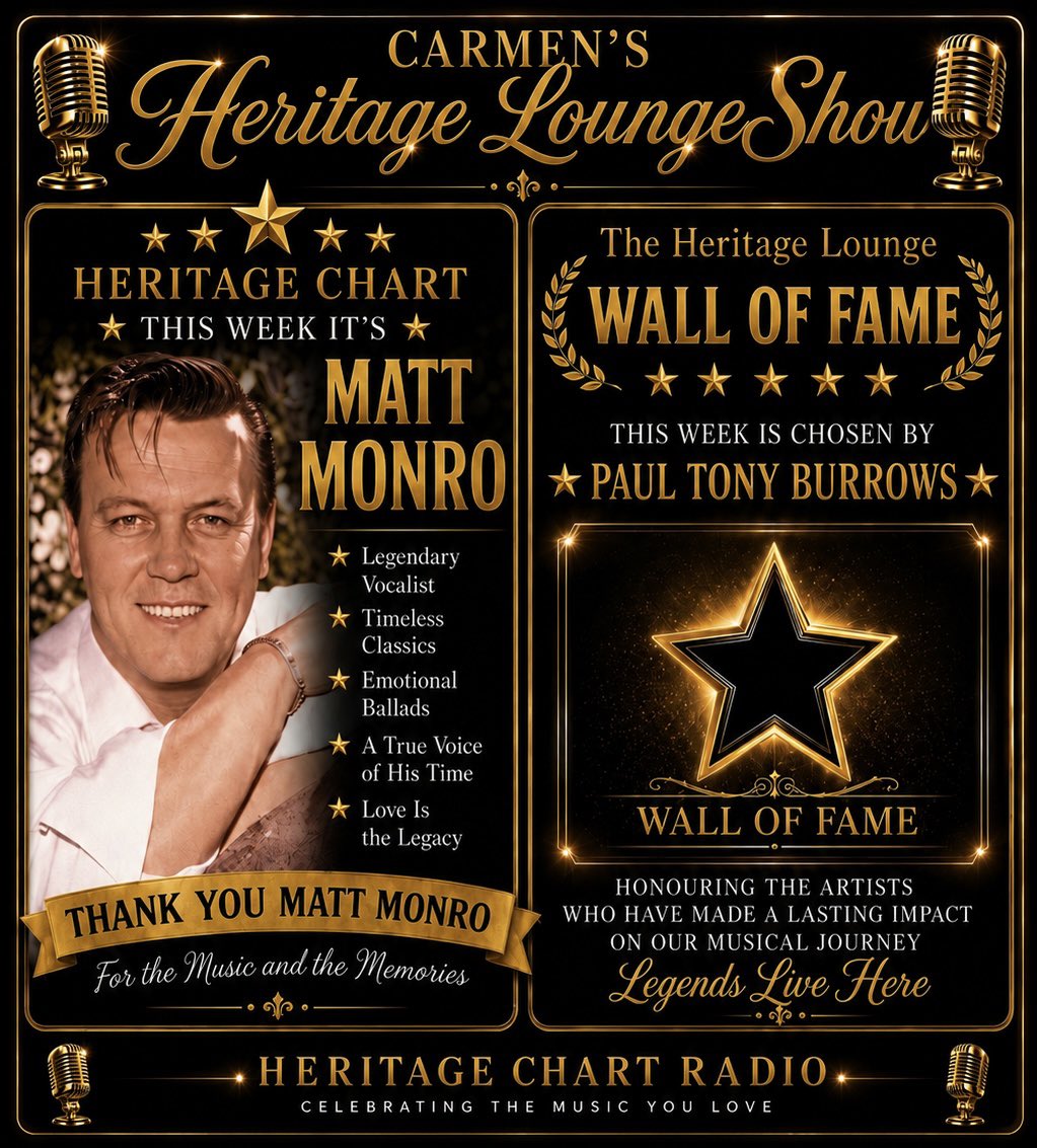 carmen_bezzina's tweet photo. ✨ Friday night = The Heritage Lounge, 9pm with me on Heritage Chart Radio. Classic hits, forgotten favourites &amp; Heritage Chart Top 40.
🌟 Heritage Chart Legend: Matt Monro
⭐ Wall of Fame: Paul Tony Burrows
Your memories, your music 🎧
📩 carmenbezzina@heritagechartradio.co.uk https://t.co/bzHCbaDcMp