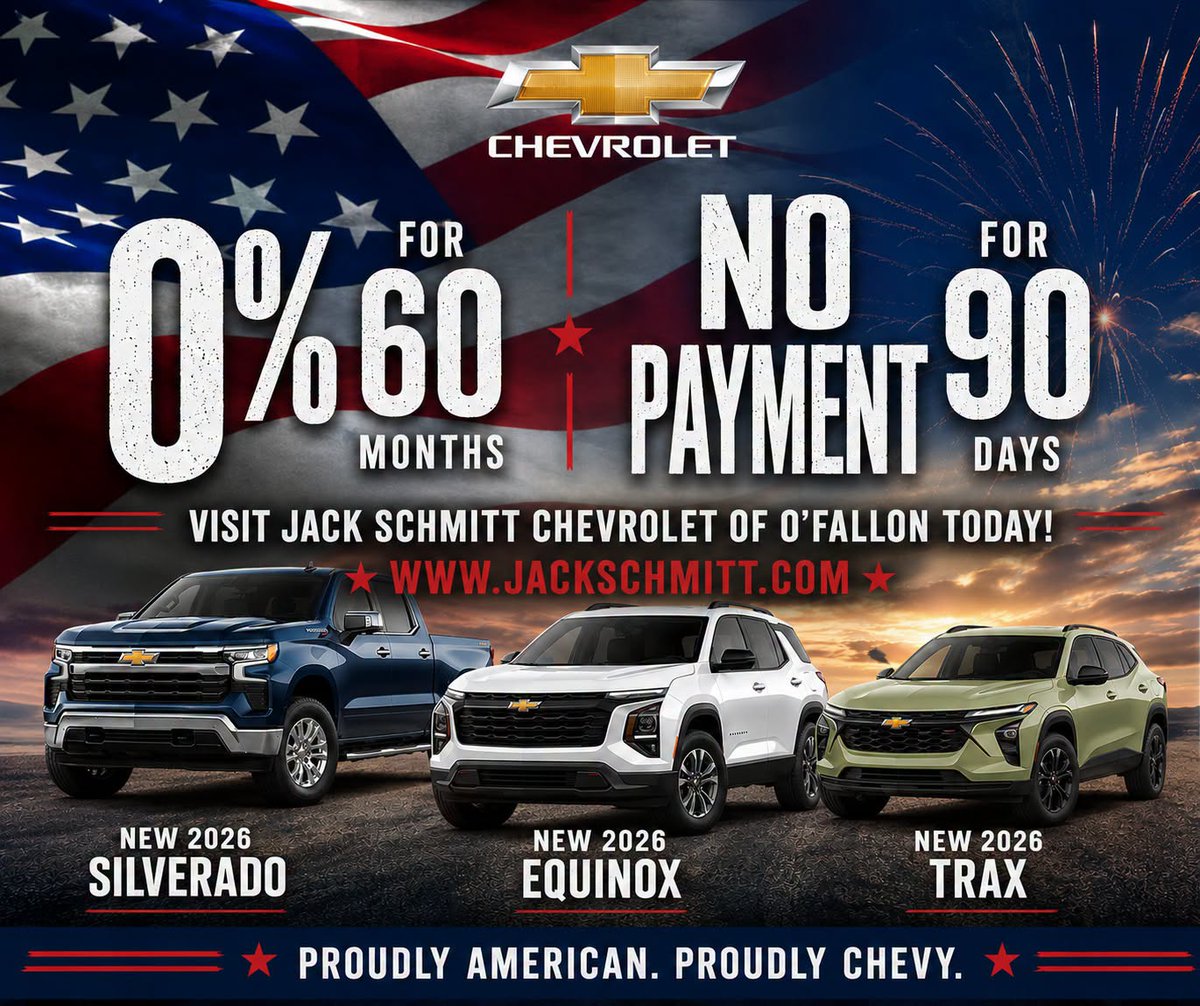 OfallonJack's tweet photo. 📷Just Announced📷
0% for 60 Months along with No Payment for 90 days* on New 2026 Silverado, Equinox, and Trax! Upgrade today! Hurry for the best selection!
visit https://t.co/TwwbxoNq2B for more details and info.
#jackschmitt #jackschmittchevrolet #jackschmittofallon https://t.co/vBZq5sBLGi