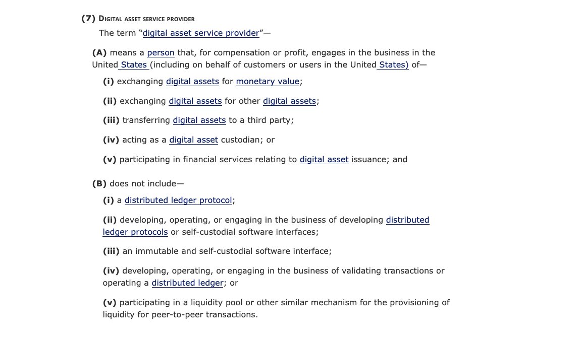 jaredctate's tweet photo. The GENIUS Act excludes decentralized protocols from the definition of a “digital asset service provider.” 

The statute says a digital asset service provider does not include a “distributed ledger protocol,” people developing/operating distributed-ledger protocols or self-custodial software.

A truly decentralized protocol with no company, no issuer, no person obligated to redeem for dollars, no centralized custody of reserves, and no centralized promise of redemption is not what GENIUS was written to regulate. The law’s language is aimed at issuers like USDC/Tether-style centralized businesses.

DigiDollar is not an issuer-backed payment stablecoin. It is a decentralized, over-collateralized UTXO protocol where users mint against their own DGB collateral, retain custody, and redeem through protocol rules — not through a company, bank, issuer, reserve account, or promise to pay dollars.
https://t.co/j6MMMS5h4W
