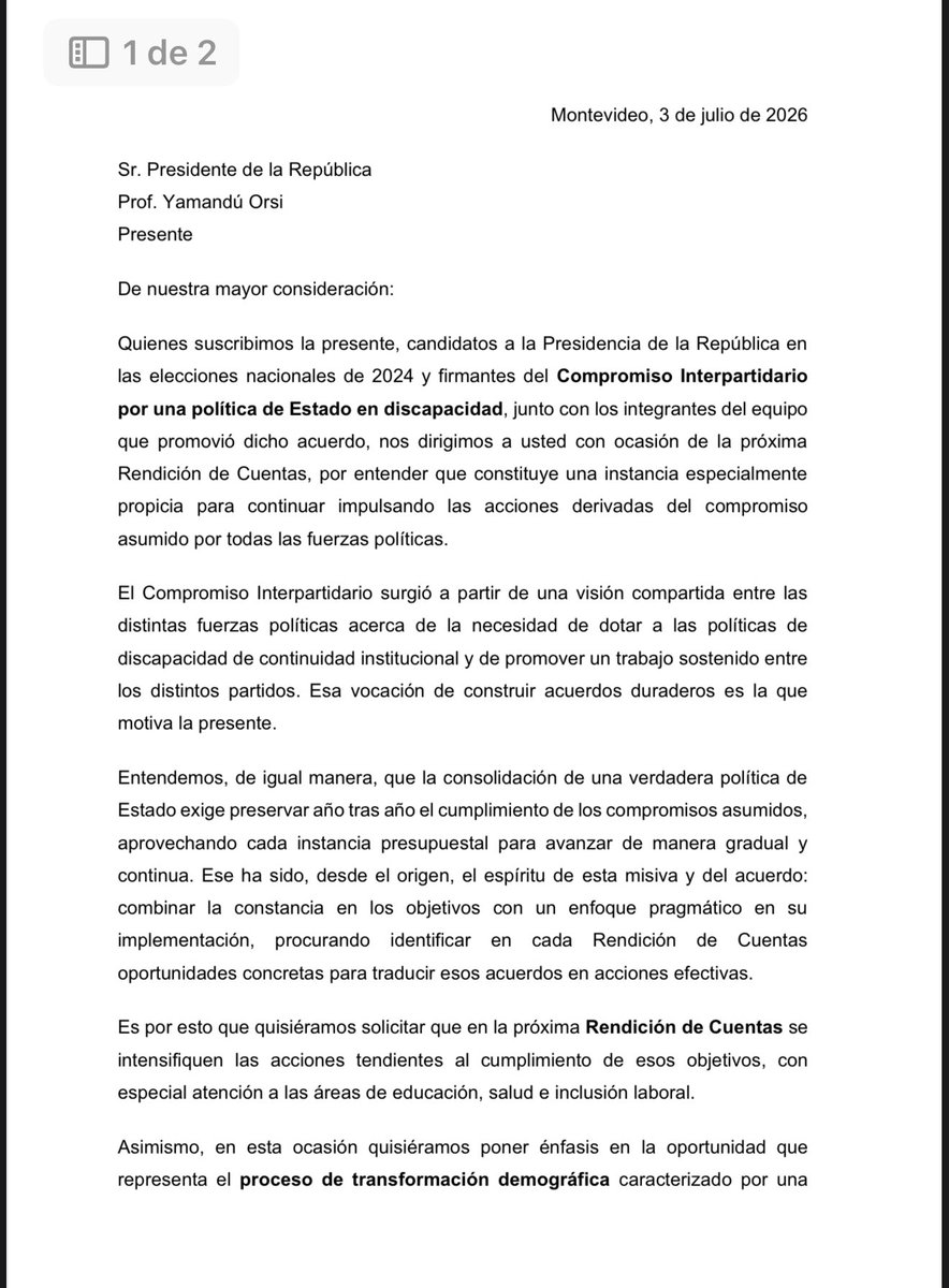nicobotana2's tweet photo. Junto a líderes de los partidos de la oposición e impulsores del Compromiso Interpartidario por una Política de Estado en Discapacidad, enviamos una carta al Presidente @OrsiYamandu .

Solicitamos que se intensifiquen las acciones para cumplir con el acuerdo, sobre todo en las áreas de educación inclusiva, salud e inclusión laboral . 

Vamos a trabajar en medidas concretas de cara a la rendición de cuentas .