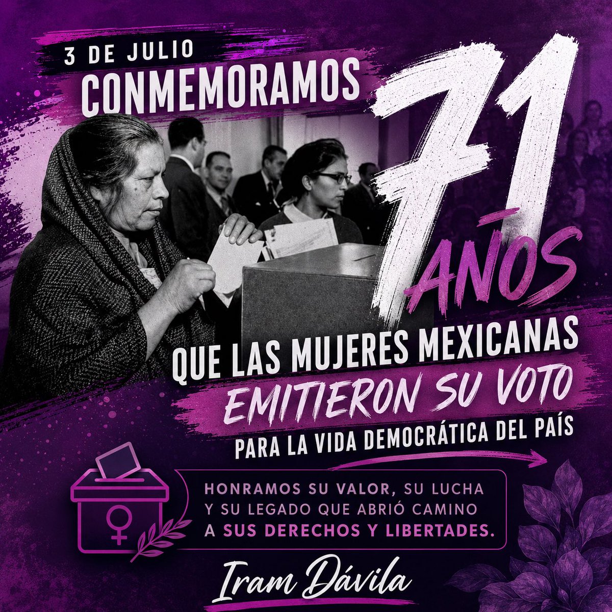 iram99's tweet photo. Hoy conmemoramos una lucha que abrió camino, rompió silencios y cambió la vida democrática de México.

Hace 71 años, las mujeres mexicanas ejercieron su derecho al voto y dejaron claro que la democracia no puede entenderse sin su voz, sin su participación y sin su liderazgo. https://t.co/LW4MKOLFyT