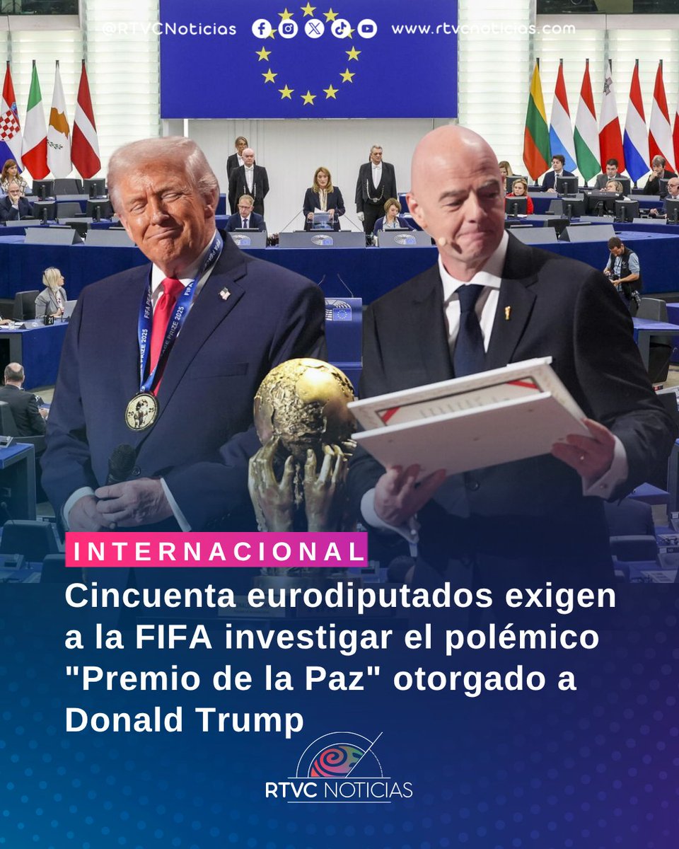 RTVCnoticias's tweet photo. #INTERNACIONAL | 🚨 🇪🇺🏛️ CINCUENTA EURODIPUTADOS HAN PRESIONADO A LA FIFA PARA QUE INVESTIGUE FORMALMENTE SI SU PRESIDENTE, GIANNI INFANTINO, VIOLÓ EL CÓDIGO ÉTICO AL OTORGAR UN INÉDITO "PREMIO DE LA PAZ" A DONALD TRUMP 🚨

La demanda surge tras la cuestionada entrega de un inédito "Premio de la Paz" al presidente estadounidense, Donald Trump, en noviembre de 2025.

Los legisladores, pertenecientes a 13 países europeos y adscritos principalmente a bloques socialdemócratas, liberales y verdes, enviaron una carta formal a la Comisión de Ética de la FIFA. En ella, respaldan la petición realizada en diciembre pasado por la ONG británica de derechos humanos FairSquare, exigiendo que se indague a fondo el proceso de premiación.

🗞️Conoce más detalles https://t.co/eNiMdquUsY