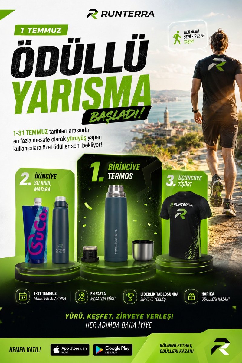 runterraApp's tweet photo. 🎉 1 TEMMUZ ÖDÜLLÜ YÜRÜYÜŞ YARIŞMASI BAŞLADI! 🚶‍♂️🏆

Temmuz boyunca adımlarını ödüle dönüştürmeye hazır mısın? 💚

📅 1 - 31 Temmuz tarihleri arasında Runterra'da en fazla yürüyüş mesafesini tamamlayan kullanıcılar birbirinden özel ödüllerin sahibi olacak! https://t.co/ZotxMFy8Iw