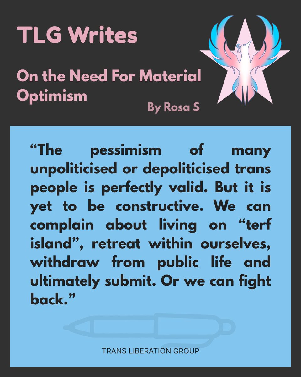 translibgroup's tweet photo. TLG is launching its blog. 
This is a space for members to explore their own ideas and contribute their thoughts on all things trans liberation. Kicking us off is Rosa's thoughts on how to find optimism in struggle. https://t.co/uFlvefvxwN