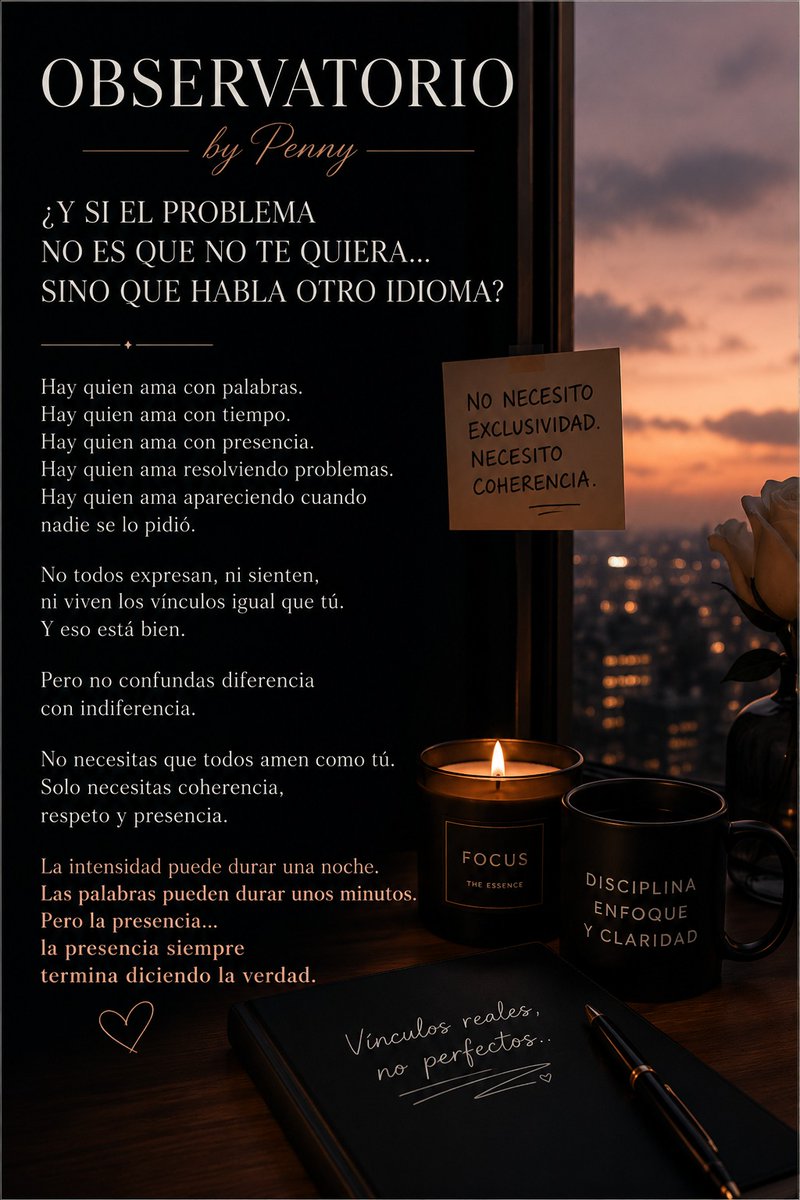 Pennybb84_2's tweet photo. #ObservatorioByPenny

**¿Y si el problema no es que no te quiera... sino que habla otro idioma?**

Durante mucho tiempo pensé que el silencio siempre significaba desinterés.

Hoy ya no estoy tan segura.

Descubrí que hay personas que aman con palabras.

Otras aman apareciendo.

Hay quien demuestra interés escribiendo todos los días.

Y hay quien jamás dice "te quiero"... pero cruza ciudades solo para saber cómo estás.

Eso no significa que todo silencio deba justificarse.

También existen quienes desaparecen porque ya obtuvieron lo que querían.

La verdadera diferencia está en la coherencia.

Porque al final no se trata de pedir que todos amen como nosotros.

Se trata de preguntarnos algo mucho más importante:

**¿La forma en que esta persona sabe construir un vínculo es compatible con la forma en que yo necesito sentirme cuidada?**

Hace tiempo descubrí que no necesito exclusividad para sentirme importante.

Lo que sí necesito es coherencia.

Porque la intensidad puede durar una noche.

Las palabras pueden durar unos minutos.

Pero la presencia...

La presencia siempre termina diciendo la verdad.

¿Qué opinas tú?

#Vínculos #InteligenciaEmocional #RelacionesHumanas #Comunicación