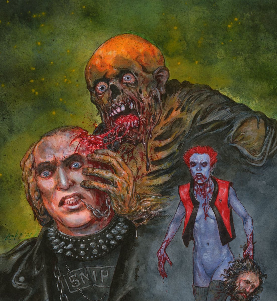 Vincelocke's tweet photo. Art for the t-shirt and poster for Return of the Living Dead, available from @rockabilia at 5:30 EST today! Limited print run, so don't wait! Such a privilege to do an official release for a zombie classic! The movie inspired Deadworld  and launched my career with Zombies! https://t.co/hk3oxXmNEG