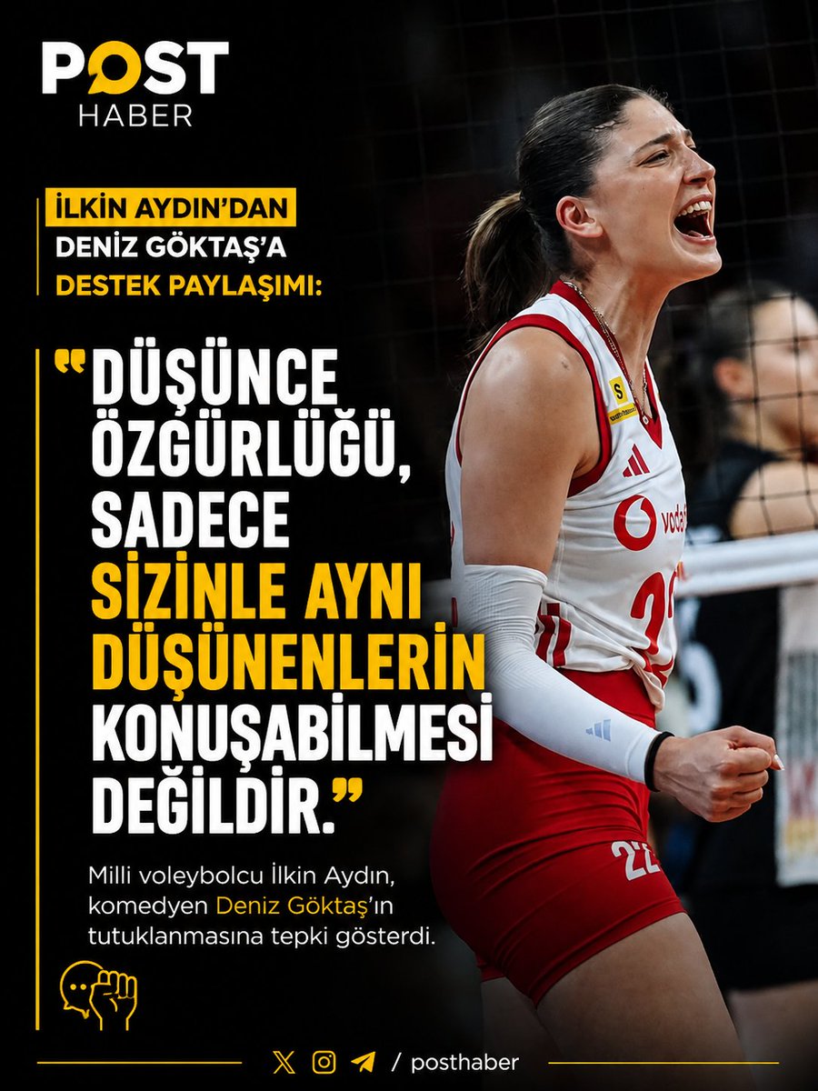 postnokta's tweet photo. İlkin Aydın'dan Deniz Göktaş'a destek paylaşımı:

"Düşünce özgürlüğü, sadece sizinle aynı düşünenlerin konuşabilmesi değildir." https://t.co/ts97dRDqVE