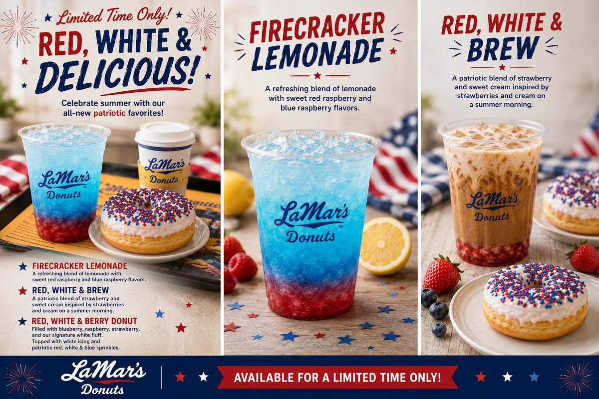 LaMarsDonuts's tweet photo. 🎆 Available now for a limited time at participating LaMar's locations. Which one are you trying first?
👇 Tell us in the comments!
❤️ Firecracker Lemonade 🤍 Red, White &amp; Brew 💙 Red, White &amp; Berry Donut
#LaMarsDonuts #LimitedTimeOnly https://t.co/ukTPTCBCwg