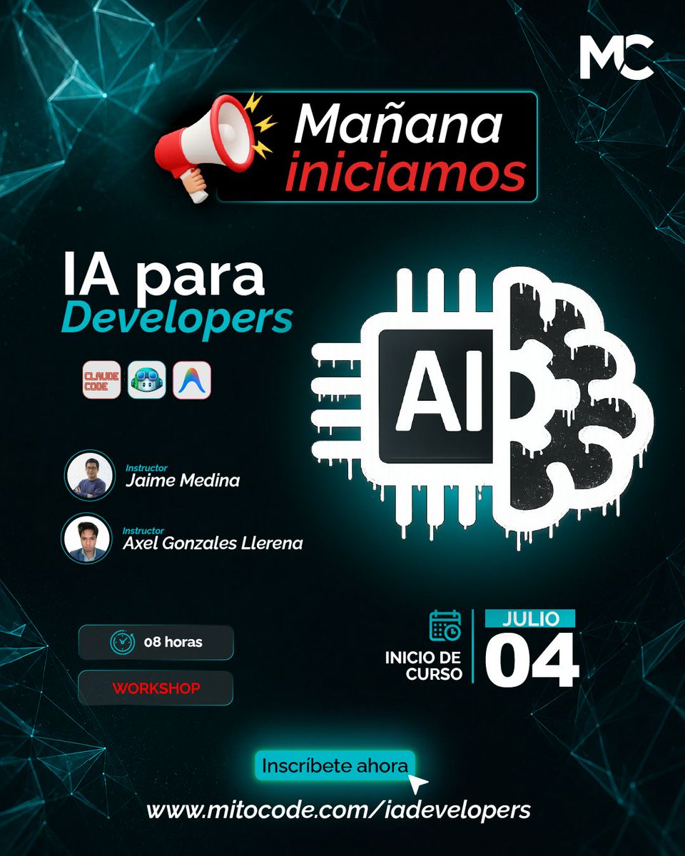 mitocode's tweet photo. 🚨 MAÑANA INICIAMOS 🚨
¡Hey Coder! 🙋🏻♀️🙋🏻♂️. Potencia tu desarrollo con herramientas que hoy utilizan los developers más competitivos. 🚀
🚀 ÚLTIMOS CUPOS
📆 Inicio: 04 de julio
📲 https://t.co/JibtRnuOXI
#mitocode #ia #developers #ai #programacion #inteligenciaartificial https://t.co/ePfPM9vtUR