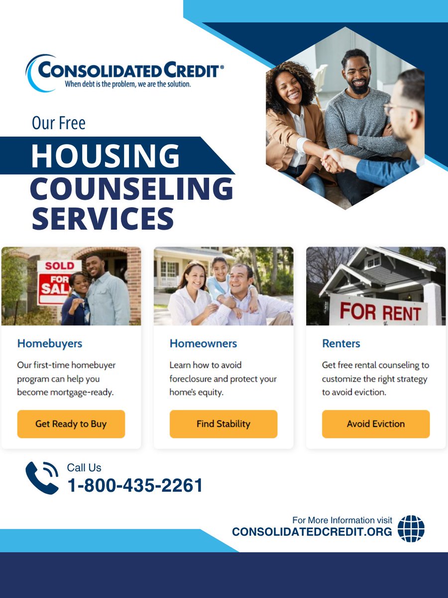 ConsolidatedUS's tweet photo. Ready to buy a home, or trying to avoid eviction/foreclosure? Our HUD-certified #Housingcounseling team provides FREE support to help renters, homebuyers, and homeowners in #Florida achieve their goals. 👉Learn more: https://t.co/c6Ee8dimwx

#ConsolidatedCredit ☎️1-800-435-2261 https://t.co/rgpk99oKua