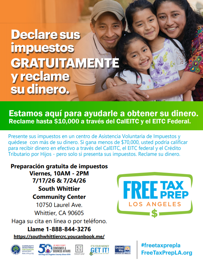 FreeTaxPrepLA's tweet photo. Free tax preparation is coming back to Whittier!

Join us on our upcoming dates and get help from IRS-certified volunteers. See the flyer for details and appointment information.

#FTPLA #FreeTaxPrep #Whittier https://t.co/zcj6MOh1co