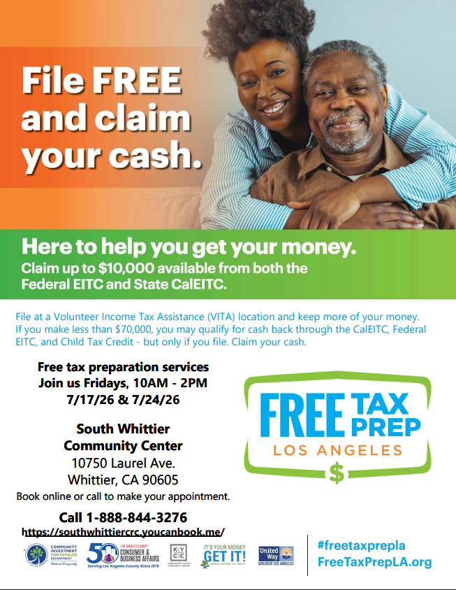 FreeTaxPrepLA's tweet photo. Free tax preparation is coming back to Whittier!

Join us on our upcoming dates and get help from IRS-certified volunteers. See the flyer for details and appointment information.

#FTPLA #FreeTaxPrep #Whittier https://t.co/zcj6MOh1co