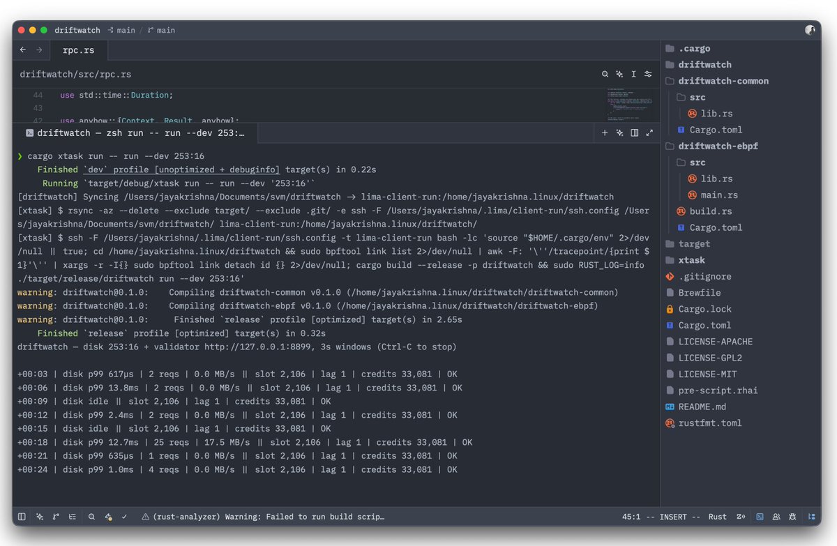 jkdotsol's tweet photo. Here is the capstone project for @solanaturbine SVM Cohort — driftwatch.

driftwatch is an eBPF-powered profiler that watches the disk where a Solana validator is running. 

The idea is simple: instead of only knowing that your validator is losing votes, understand why it's happening.

The project combines a kernel-level disk profiler with an RPC poller to correlate disk latency with validator metrics like slot lag, vote credits, and validator health. 

This lets us detect when storage starts becomes the bottleneck before the effects become obvious.

Still a lot to improve, but here's the first look.