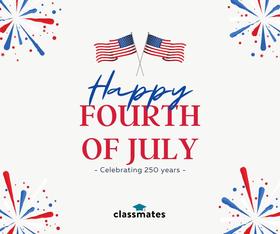 classmates's tweet photo. Happy 250th Birthday, America! 🇺🇸🎆

As we celebrate our nation's 250th anniversary this Fourth of July, we're reflecting on the traditions, memories, and moments that have brought generations together.

Whether you marched in your hometown parade, watched fireworks with friends, or spent the day making summer memories, chances are some of your favorite Fourth of July moments happened during your school years.

👉🏼 Tell us: What's your favorite Fourth of July memory from high school?

#America250 #FourthOfJuly #ClassmatesMemories
