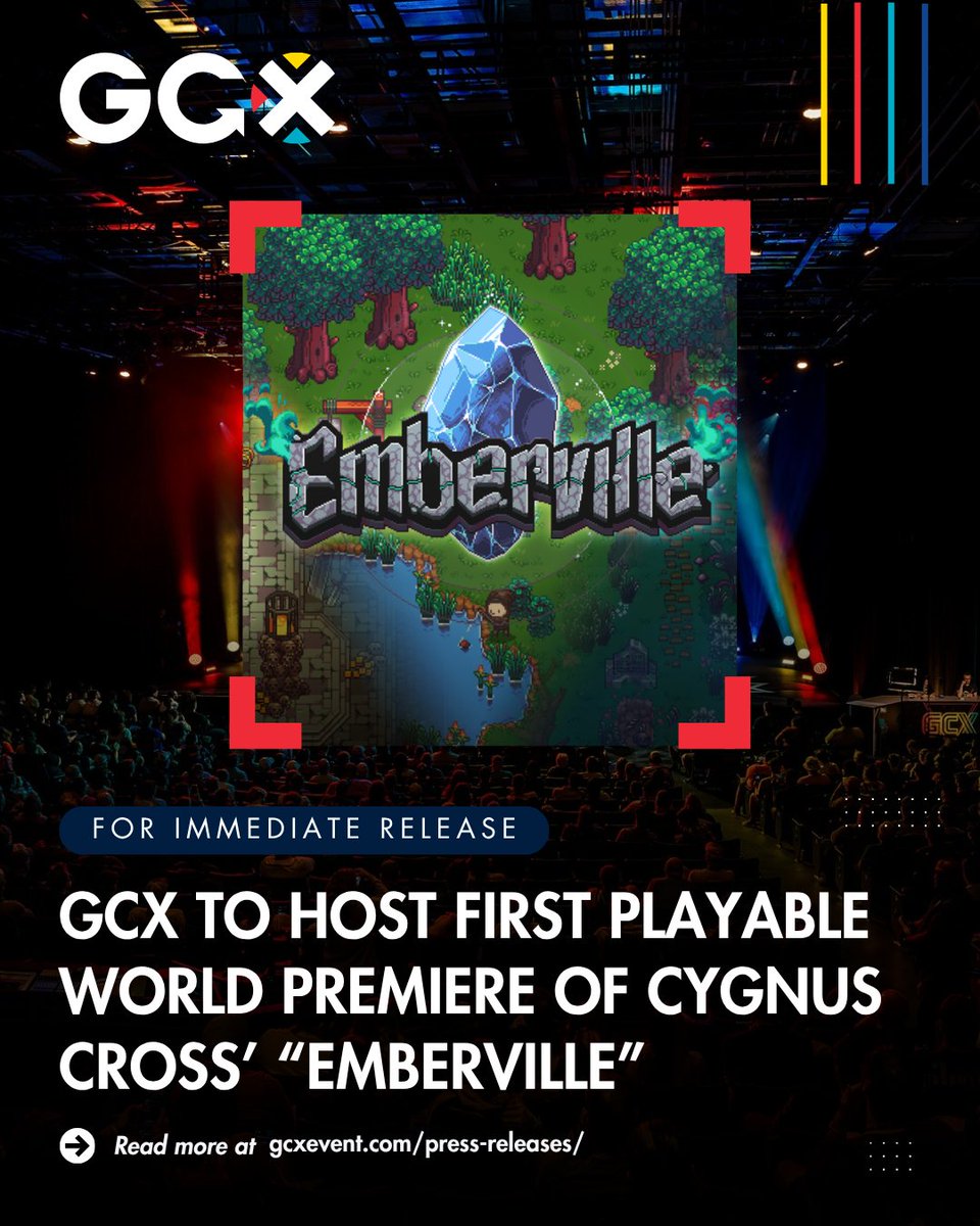 GCXEvent's tweet photo. One of the most anticipated upcoming indie games - @EmbervilleGame - will be playable for the FIRST TIME GCX!

An atmospheric adventure game with gorgeous pixel graphics and animation and a full roster of high profile voice actors and orchestral music, it's nothing short of epic!

Emberville has over 350K WISHLISTS and is being codeveloped by @CohhCarnage, it's been incredibly exciting working with the Brynjar Gigja and the team to build the hype, and there's even MORE to reveal in the next few weeks - stay tuned!

Press Release Link below 👇

July 24–25 · Universal Orlando Resort
The buzz around this game is HUGE and we can't wait for you to see it in person.
🎟️ Link in bio for tickets and to wishlist Emberville on Steam today!

#GCX2026 #Emberville #CygnusCross #PlayItFirst #WorldExclusive #IndieGames