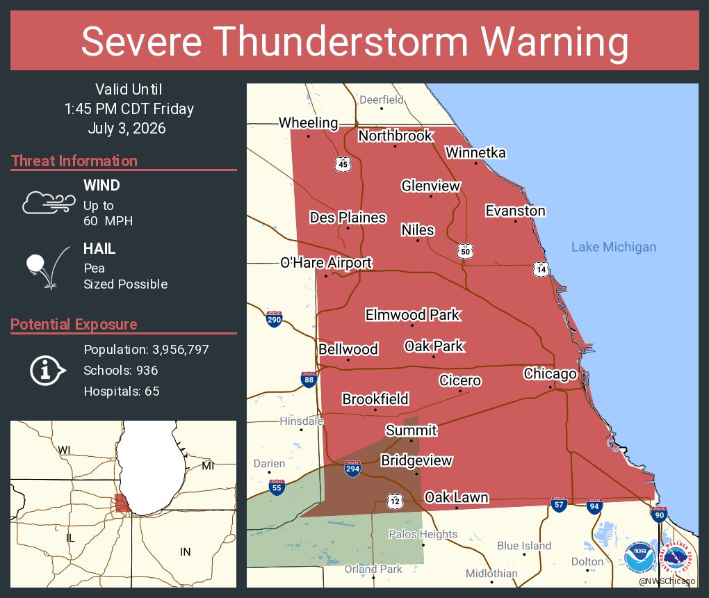NWSChicago's tweet photo. Severe Thunderstorm Warning including Chicago IL, Cicero IL and  Evanston IL until 1:45 PM CDT https://t.co/hhx6CYm9sm