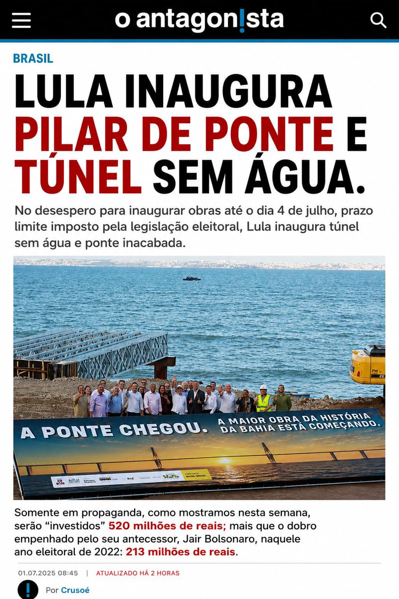 apropriajulia's tweet photo. *Lula Inaugura pilar de ponte e túnel sem água.*

No desespero para inaugurar obras até o dia 4 de julho, prazo limite imposto pela legislação eleitoral, Lula inaugura túnel sem água e ponte inacabada.

Somente em 2026, a conta já chegou a pouco mais de 200 bilhões de reais. Somente em propaganda, como mostramos nesta semana, serão “investidos” 520 milhões de reais.