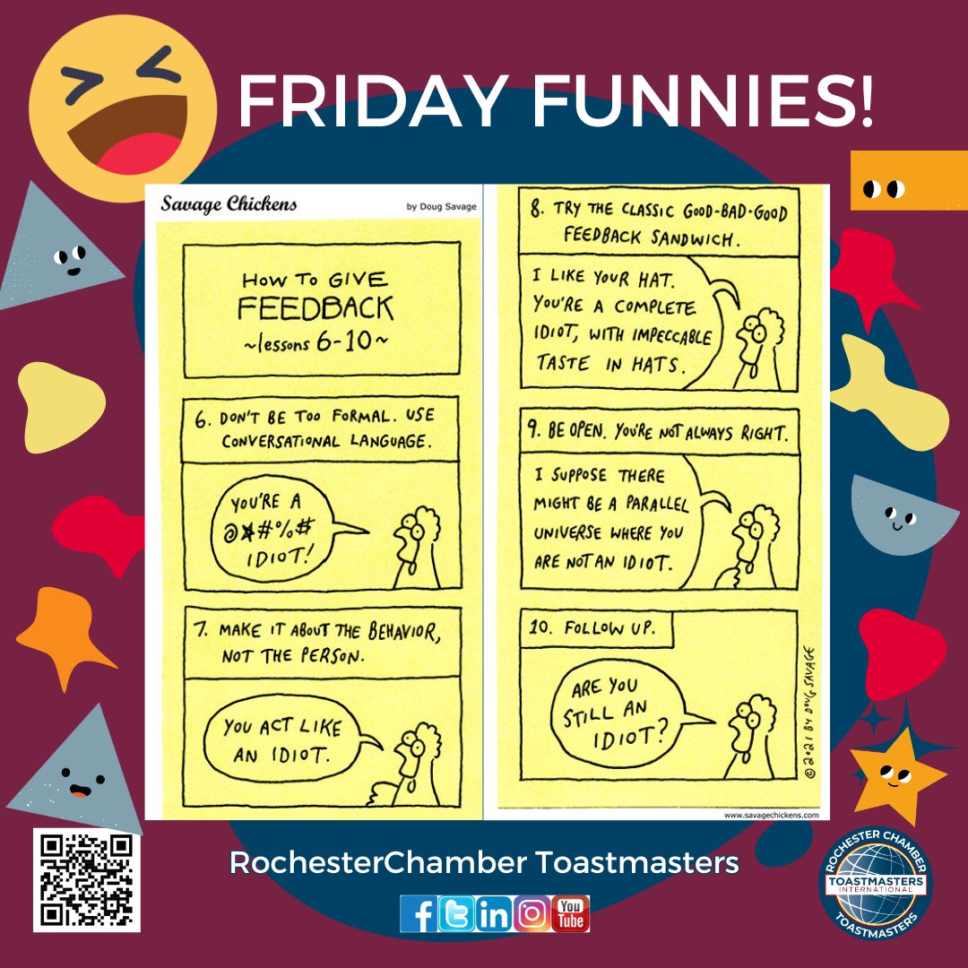 ChamberTmasters's tweet photo. #Friday Funnies ๐ท Feedback is a crucial part of #Toastmasters; avoid doing it this way #publicspeaking #rochmn #rochester_mn #mn #funny #humor #toastmastersinternational #feedback https://t.co/XugVn3wM02