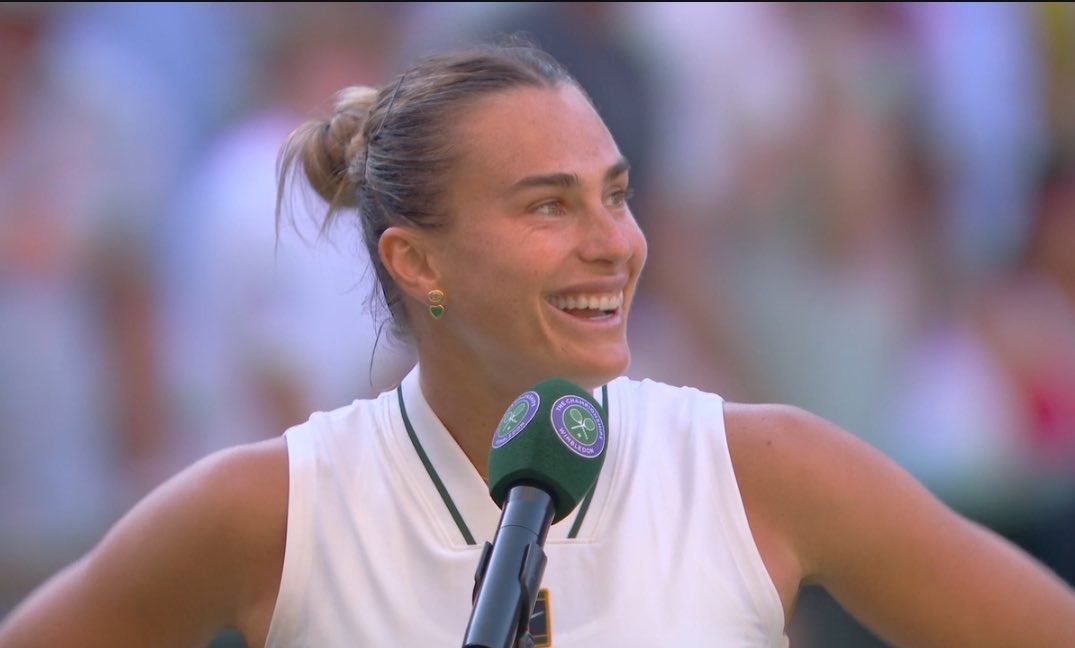TheTennisLetter's tweet photo. Aryna Sabalenka after beating Jelena Ostapenko at Wimbledon

“What’s it like to play someone who hits with such equal power to yourself but is equally as feisty?”

Aryna: “Yeah, that’s scary. You know, that’s really scary.”

😭😭😭😭😭 https://t.co/D5XQwyu6fE