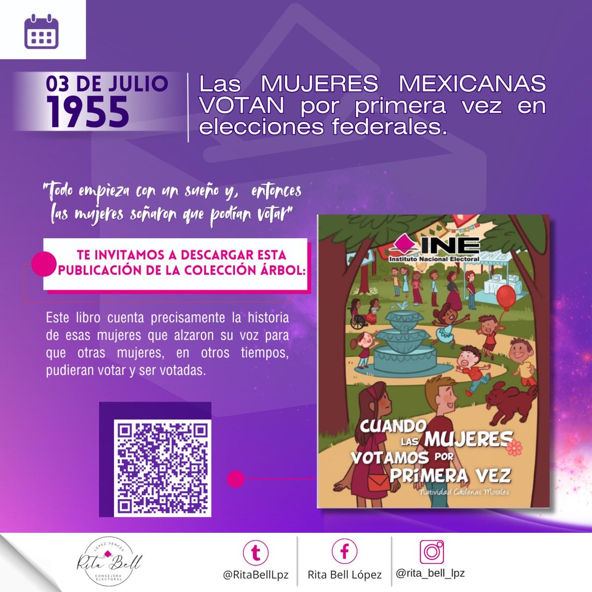 RitaBellLpz's tweet photo. 🗳️ El 3 de julio de 1955, las mujeres mexicanas votaron por primera vez en una elección federal. 
✨ Conoce esta parte de la historia y el legado de quienes hicieron posible este avance democrático en “Cuando las mujeres votamos por primera vez” 👓📚🇲🇽👉: https://t.co/UIQ5Dvccyu https://t.co/BqYtyH8TR7