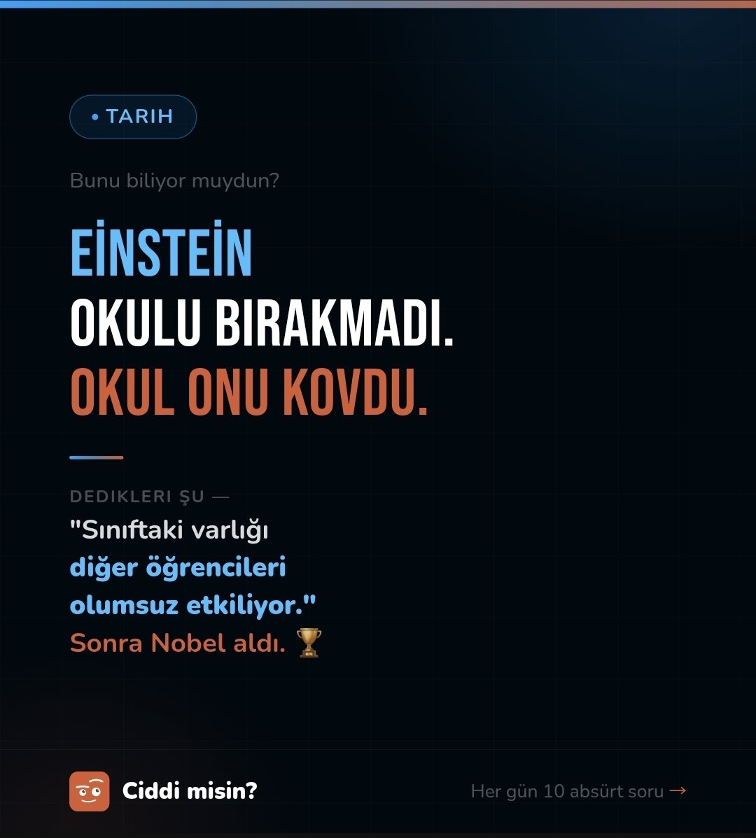 enginkdemircom's tweet photo. Einstein okulu bırakmadı. Okul onu kovdu. 🏆

"Sınıftaki varlığı diğer öğrencileri olumsuz etkiliyor" dediler.

Sonra Nobel Fizik Ödülü aldı.
O öğretmenler ne düşündü acaba?

Bunu biliyor muydun?

Her gün böyle bir absürt gerçek için takipte kal. 👇
 https://t.co/okmgUdomZe https://t.co/atRQ1xRUy1