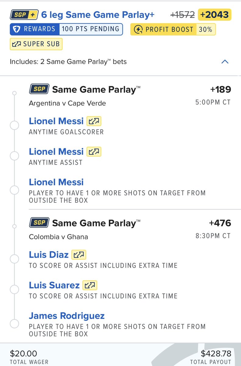 thepropdealer's tweet photo. 🇦🇷 Messi to score.
🇦🇷 Messi to assist.
🇦🇷 Messi SOT Outside the Box.

🇨🇴 Diaz to score or assist.
🇨🇴 Suarez to score or assist.
🇨🇴 Rodriguez SOT Outside the Box.

Betslip 🔗 https://t.co/Uhd4pzRwgs

$20 pays $430.

Tempted? https://t.co/2fPE8OJFAH