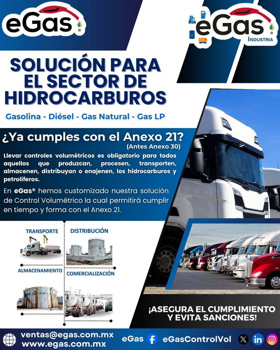 eGasControlVol's tweet photo. ¿Ya cumples con el Anexo 21? ⛽
Asegura el control de tus operaciones y evita sanciones con nuestra solución de Control Volumétrico.
📲 Contáctanos y cumple en tiempo y forma: ventas@egas.com.mx
#hidrocarburos #SectorEnergético #Gasolineras #GasLP #GasNatural #Diésel #gasolina https://t.co/3ph3hjhLmk