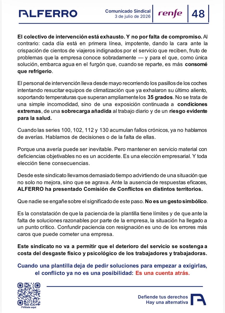 ALFERRO_org's tweet photo. 🌡️ Más de 1.660 incidencias de climatización en mayo y junio solo en el Corredor Sur. Trenes circulando con averías, trabajadores soportando más de 35 °C y viajeros sufriendo un servicio cada vez peor.

🟦 ALFERRO ha presentado Comisión de Conflictos ante la falta de soluciones. https://t.co/lS9uh35FRE