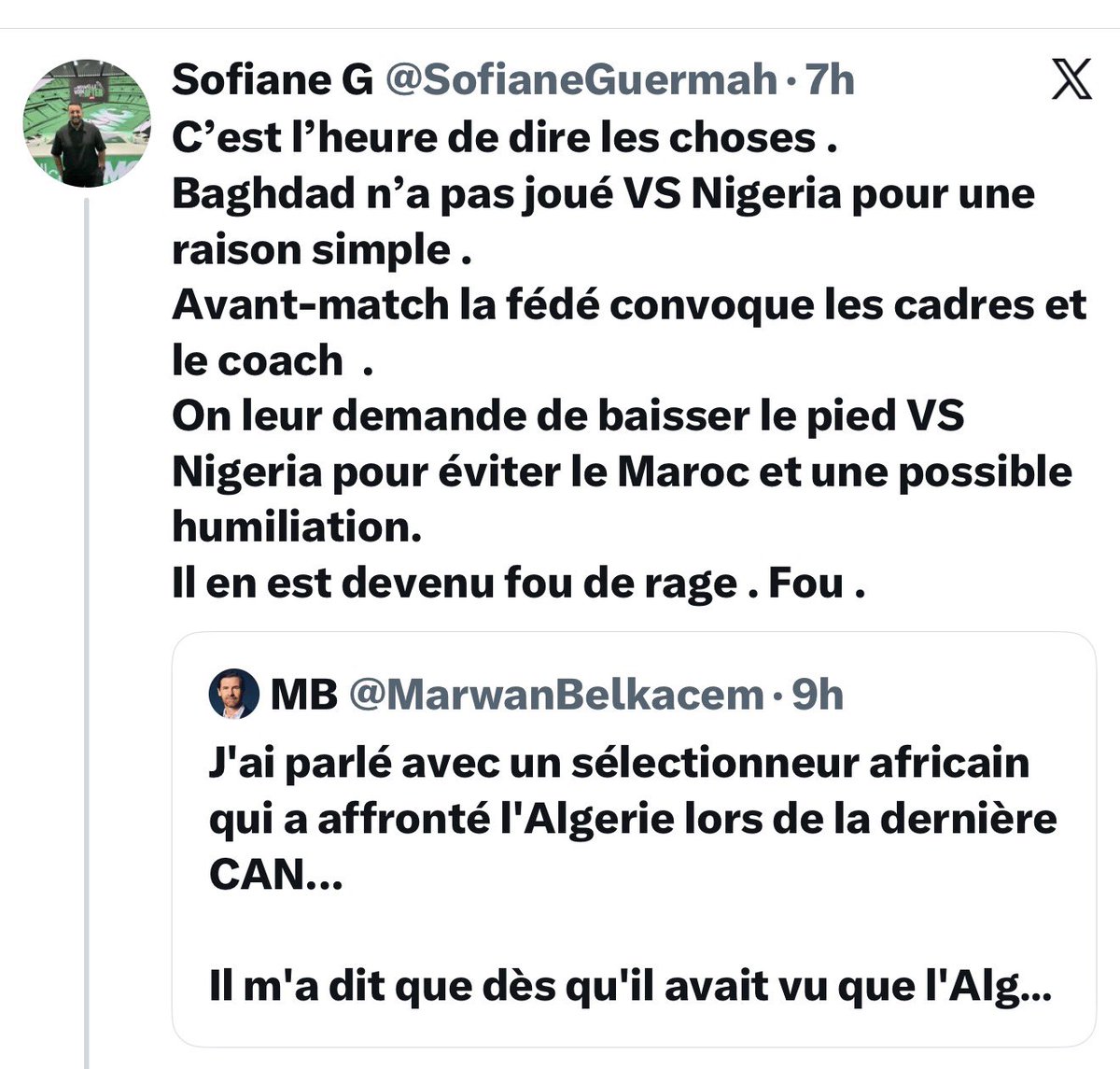 HarbazNabil's tweet photo. فضيحة جديدة وكانت معروفة 😂..بحسب الإعلامي الفرنسي الجزائري سفيان كرماح، الذي شارك خلال كأس أمم إفريقيا في الحلقات الخاصة لبرنامج After Foot على إذاعة RMC، فإن الاتحاد الجزائري استدعى قبل مواجهة نيجيريا اللاعبين الأساسيين والمدرب، وطلب منهم تجنب الفوز ومواجهة المغرب في الدور التالي، خشية التعرض لما وصفه بـ"مهزلة" أو هزيمة قاسية أمام المغرب 🇲🇦😳
…

حان الوقت لكشف الحقيقة.
بغداد لم يشارك في مباراة نيجيريا لسبب بسيط.
قبل المباراة، عقد الاتحاد اجتماعًا مع المسؤولين والمدرب، وطلب منهم عدم اللعب بكل طاقتهم أمام نيجيريا، وذلك لتجنب مواجهة المغرب وما قد ينتج عنها من هزيمة مذلة.
عندما علم بغداد بذلك، ثار غضبه بشدة، وأصبح في حالة غضب عارمة.

#منتخب_المغرب #ابطال_العالم #فخر_المغاربة #اشبال_الاطلس #ديما_مغرب #DimaMaghrib #المغرب #كأس_العالم #امريكا #الجزائر #العرب #كاس_العالم_٢٠٢٦ #الجزائر #كأس_إفريقيا