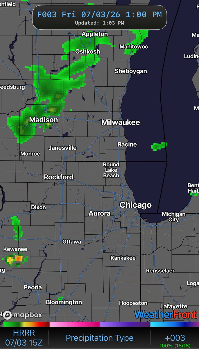 Empire_Weather's tweet photo. Quite the short term error from the HRRR…big area of severe storms moving across the Chicago area now. https://t.co/UZ3oaBAjgY