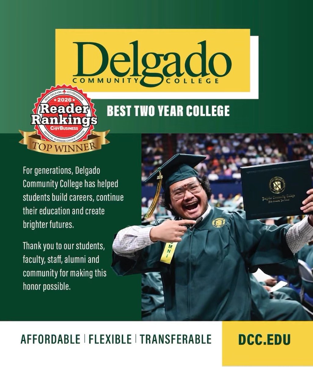 delgadocc's tweet photo. Delgado Community College has been voted Best Two-Year College in the New Orleans Metropolitan area, according to the 2026 Reader Rankings released in the June 15 issue of New Orleans CityBusiness.

View the full issue here: https://t.co/wNNveMR6os https://t.co/PAZskrouSh