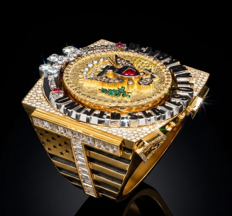 HarZizn's tweet photo. Belgian #diamond group (Antwerp World Diamond Center, #AWDC) that won tariff relief gifted #Trump a lavishly encrusted ring. ..321 diamonds, 56 sapphires, 13 emeralds and six rubies encrust the watch-sized gold ring. https://t.co/erilC99vJ8 https://t.co/0uj7oukC84