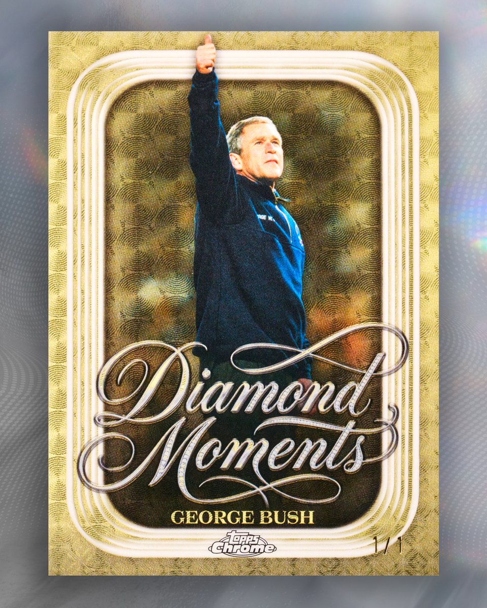 Topps's tweet photo. FIRST LOOK: George Bush's iconic first pitch at Yankee Stadium on October 30th, 2001 is getting its own "Diamond Moments" trading card 🇺🇸

Arriving in 2026 Topps Chrome Baseball https://t.co/jZKm1hnWem