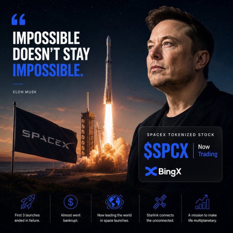 Master_peee01's tweet photo. Some companies earn attention through marketing. Others earn it by proving people wrong.

For years, many doubted whether SpaceX could make it. After multiple failed launches and serious financial pressure, one successful mission shifted the company’s future and reshaped the commercial space industry.

That’s one reason I see SpaceX differently from many high-profile stories. Its reputation was built through persistence rather than smooth sailing.

I also noticed that the SpaceX tokenized stock was already available on BingX ahead of the IPO, and it’s been interesting to watch how the conversation around it continues to grow.

What’s your view? Are you optimistic because of Elon’s history of delivering on ambitious goals, or do you think expectations have already been priced in?

#SpaceX #Investing
