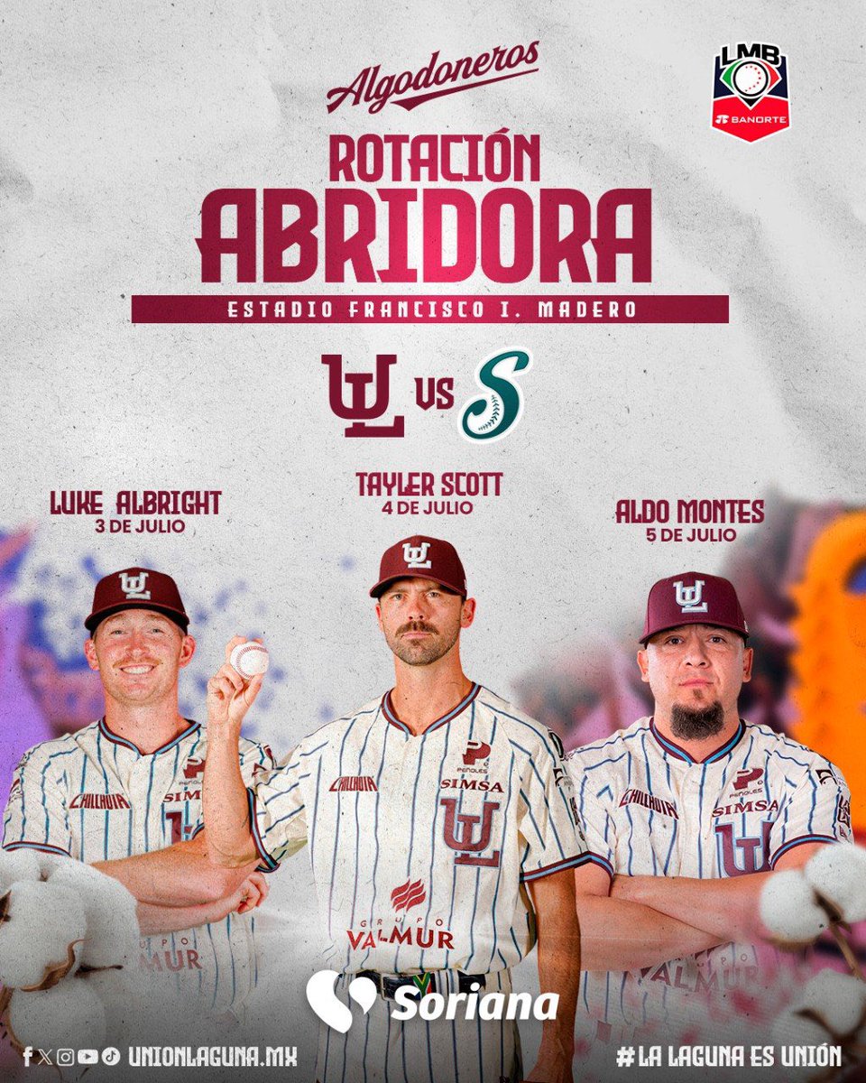 AlgodonerosUL's tweet photo. Nuestra rotación abridora para enfrentar a Saraperos de Saltillo💪☄️

Presentado por Soriana
#LaLagunaEsUnión ⚾️🔥 https://t.co/LXqyqBQZWS