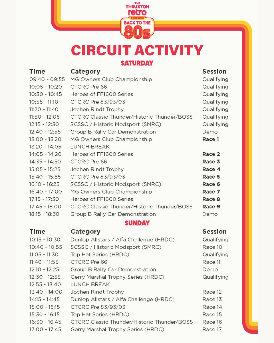 thruxtonracing's tweet photo. Thruxton Retro Timetables ⏰

We are in for a busy weekend with loads of epic racing and off-track entertainment. Plan your weekend, so you don't miss a thing! https://t.co/AXuNfPOLu9