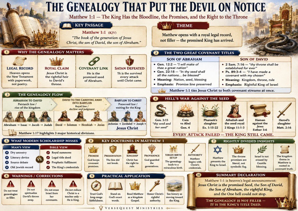 TNTJohn1717's tweet photo. 🚨‼️This chart breaks down why Matthew 1:1 is not just a genealogy, but a royal legal announcement that Jesus Christ is the promised Seed, the Son of Abraham, and the rightful Son of David. It shows how the genealogy connects Christ to the covenant promises, David’s throne, Israel’s history, and the long spiritual war against the promised Seed. Every attack failed, every generation was preserved, and the King still came exactly as God said He would.