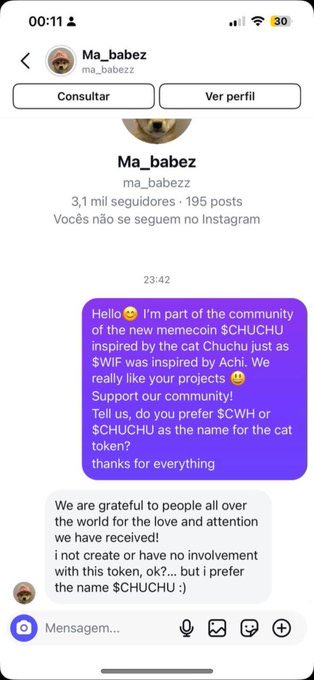 Tx_Dak_'s tweet photo. I found the most undervalued cat coin on the market, it’s $wif’s sister named $chuchu. 

Posted back in 2025 from Achi/WIF owner @achichuchu. She gave us the name and everything. 

Even found a screenshot from last year where she confirmed in DM’s with someone that she would want the ticker to be $chuchu, NOT cwif. 

HOW TF is this still sub 1m while we’re in an ansem & cat meta? Ansem has 10% of supply and fees. 

F1GiK5MKBiHzFv3dtqodusJxk1k19jnivuM1UUZfpump

https://t.co/nccOBx8QaQ