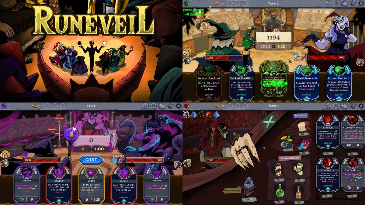 dicehitgames's tweet photo. 『Slay the Spire』×『Balatro』の融合！ローグライクデッキビルダー『Runeveil』Steamで好評配信中！
