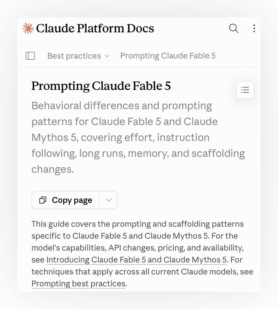 CodeByPoonam's tweet photo. Anthropic just dropped the official guide to prompting Claude Fable 5.

And it’s completely different from how you prompt Opus.

3 things you need to know:

1. You can now tell Claude how hard to think.

Set “Effort” to minimal, medium, high, or extreme in your prompt.

Extreme = take your time and think deeply.
minimal = quick answers, no reasoning.

Opus never had this. Fable 5 does. use it.

2. Give Fable 5 the whole problem at once.

Stop breaking your prompts into small pieces. Fable 5 is built to work on long, complex tasks in one go. the more space you give it, the better it does.

3. Your old “be concise” prompts don’t work anymore.

Fable 5 defaults to detailed answers. if you want short responses, you have to say exactly how short. use word limits or show it an example of the length you want.

That’s it. if you’re using Fable 5 with old prompts, you’re getting worse results than you should.