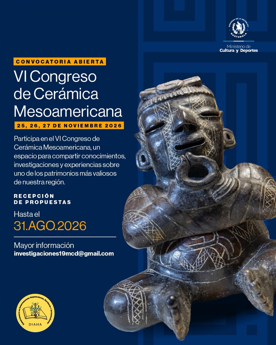 McdGuate's tweet photo. 🏺✨ Si investigas, estudias o trabajas con este invaluable patrimonio, te invitamos a formar parte del VI Congreso de Cerámica Mesoamericana.

🗓️ Recepción de propuestas: Hasta el 31 de agosto de 2026. https://t.co/lMkCSRouC0