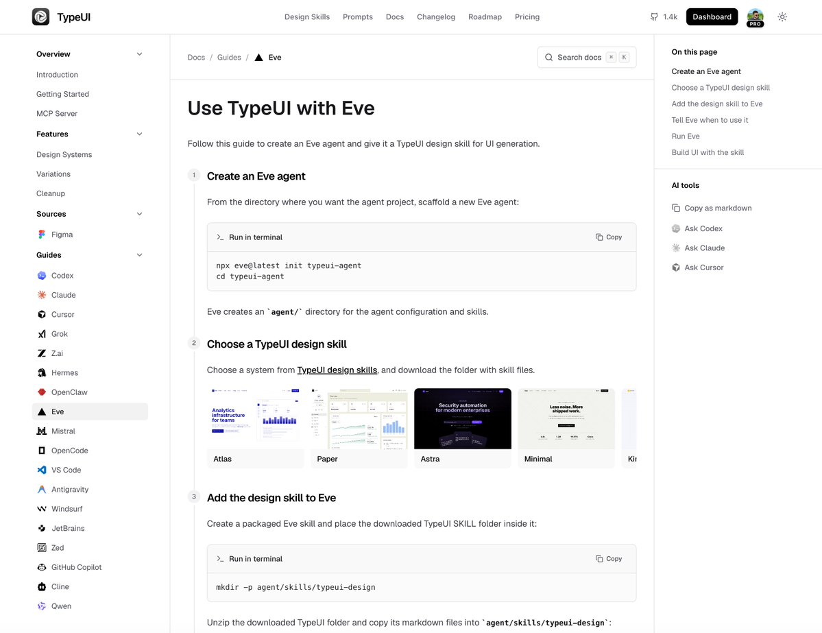 zoltanszogyenyi's tweet photo. you can now create @evedev_ agents with design skills from @typeui_sh and give them a visual direction using:

> SKILL.md
> brand.md
> buttons.md
> alerts.md
> navbar.md

etc...

🔗 the guide: https://t.co/1xcCIWield https://t.co/qq1saNNBPD