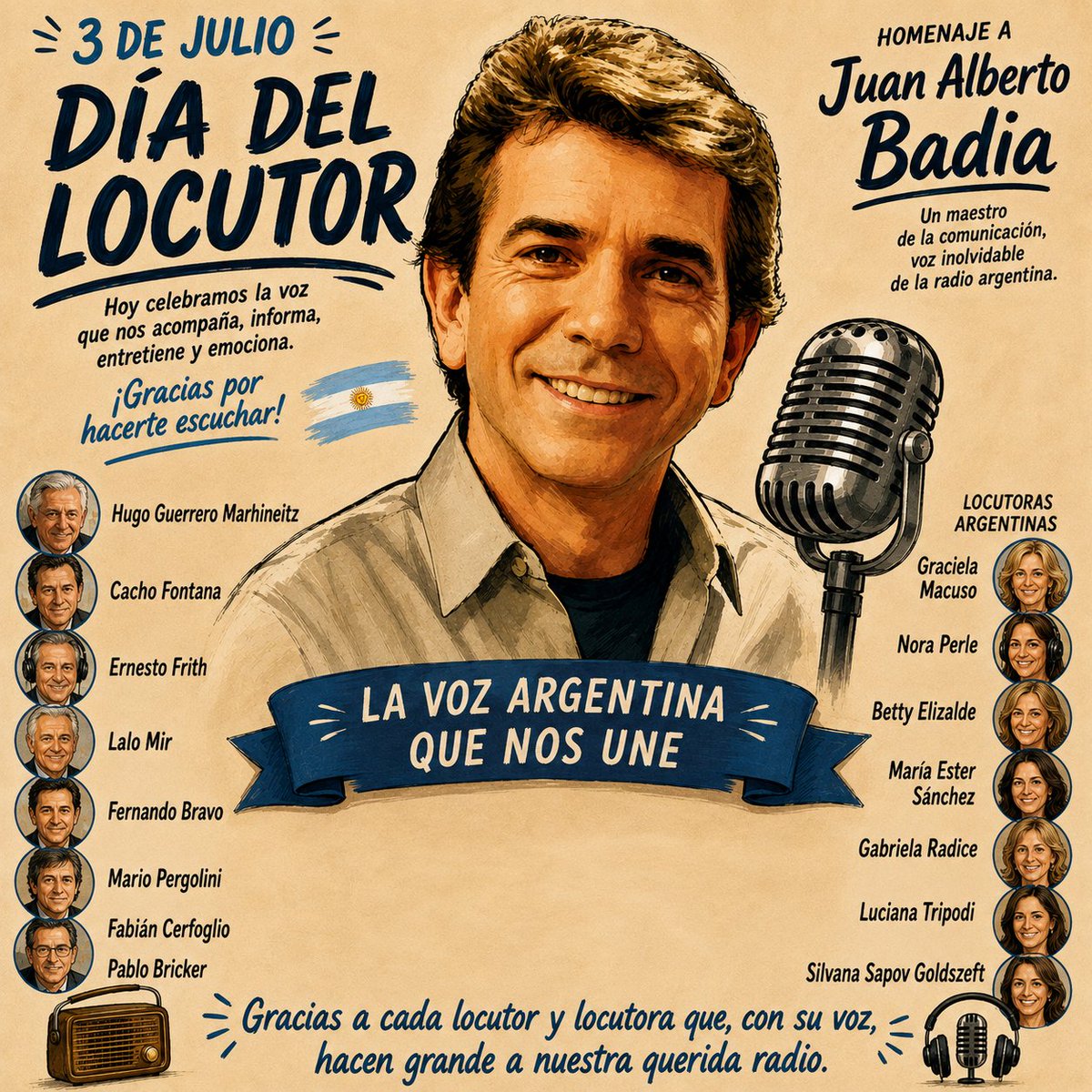 DiegoAlhadeff's tweet photo. ¡Feliz Día del Locutor y la Locutora! 🎙️
Hoy reconocemos a quienes hacen de la palabra un puente con la audiencia. Un homenaje a grandes voces de la radio y la televisión argentina https://t.co/rC2LlNrB8o