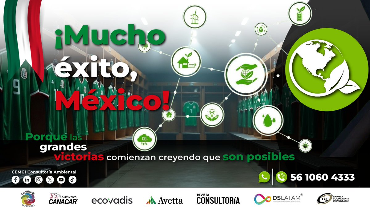 CEMGI_'s tweet photo. 🇲🇽⚽Hoy México enfrenta a Inglaterra.

La disciplina, el trabajo en equipo y la determinación hacen la diferencia, en el fútbol y en el cuidado del medio ambiente.

¡Vamos con todo, México! 💚🤍❤️

♻️ ¿Y si sí?

#VamosMéxico #MéxicoVsInglaterra #CEMGI #YSiSí https://t.co/uzzPRiC1q2